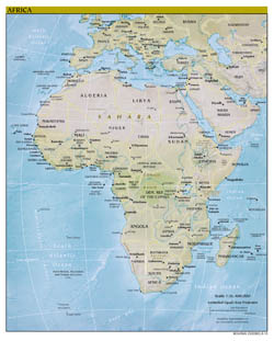 Large detailed political map of Africa with relief and capitals - 2010.