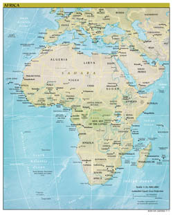 Large detailed political map of Africa with relief, major cities and capitals - 2011.