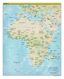 Large detailed political map of Africa with relief, major cities and capitals - 2012.