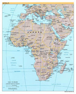 Large political map of Africa with relief and capitals - 2002.