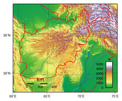 Large topographical map of Afghanistan.