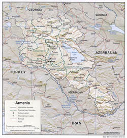 Detailed political and administrative map of Armenia with relief, roads and cities - 2002.