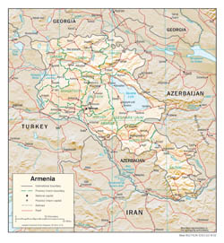 Large detailed political and administrative map of Armenia with roads, cities and relief - 2002.