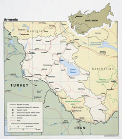 Large detailed political map of Armenia with roads and major cities - 1991.