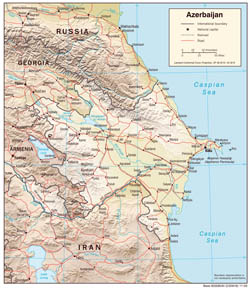 Large detailed political map of Azerbaijan with relief, roads and cities - 2004.