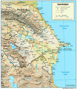 Large political map of Azerbaijan with relief, roads and cities - 2004.