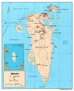 Large detailed political map of Bahrain with roads and cities - 2002.