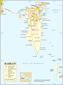 Large scale political map of Bahrain with all roads and cities.
