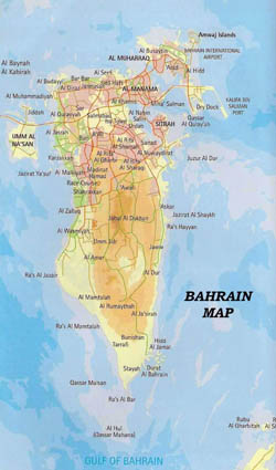 Road and elevation map of Bahrain.
