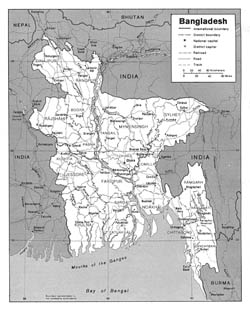Detailed political and administrative map of Bangladesh with roads and cities.