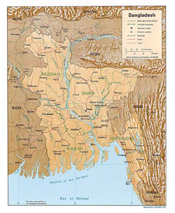 Detailed political map of Bangladesh with relief, roads and cities - 1996.