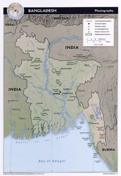 Large detailed physiography map of Bangladesh with major cities - 2011.