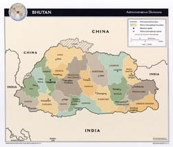 Large administrative divisions map of Bhutan with major cities - 2012.