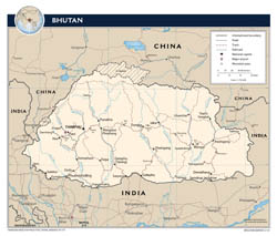 Large detailed political map of Bhutan with roads, major cities and airports - 2012.