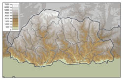 Physical map of Bhutan.