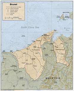 Detailed political and administrative map of Brunei with relief - 1984.