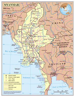 Large detailed political and administrative map of Myanmar with roads, cities and airports.