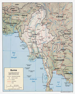 Large detailed political map of Burma (Myanmar) with relief, roads and major cities - 2007.