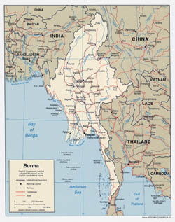 Large detailed political map of Burma (Myanmar) with roads and major cities - 2007.