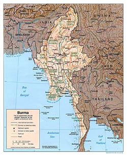 Large political and administrative map of Burma with relief, roads and major cities - 1996.