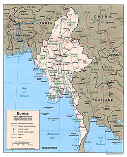 Large political and administrative map of Burma with roads and major cities - 1996.