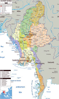 Large political and administrative map of Myanmar with roads, cities and airports.