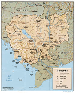 Detailed political and administrative map of Cambodia with relief, roads and major cities - 1991.