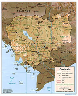 Detailed political and administrative map of Cambodia with relief, roads and major cities - 1997.
