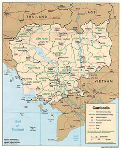 Detailed political and administrative map of Cambodia with roads and major cities - 1997.