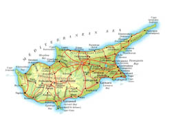 Detailed elevation map of Cyprus with roads, cities and airports.