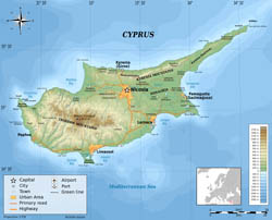 Large detailed physical map of Cyprus.