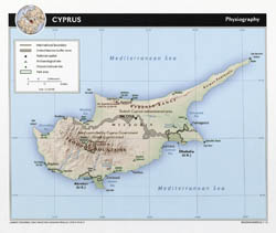 Large detailed physiography map of Cyprus with roads, cities and airports - 2010.