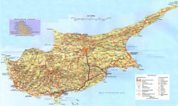 Large detailed road map of Cyprus with relief and cities.