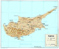 Large political map of Cyprus with relief, roads and cities - 1980.