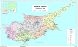 Large scale administrative divisions map of Cyprus with roads and cities.