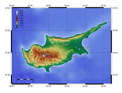 Large topographical map of Cyprus.