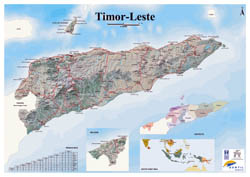Large detailed map of Timor Leste with relief, roads and cities.
