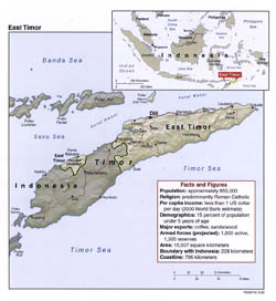 Large political map of East Timor with relief, roads and major cities - 2002.