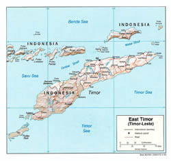 Large political map of East Timor with relief, roads and major cities - 2003.