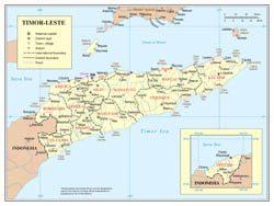 Large scale political and administrative map of East Timor with roads, cities and airports.