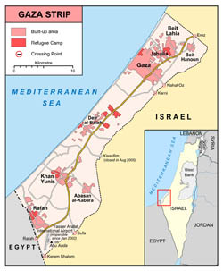 Detailed map of Gaza Strip with roads and cities.