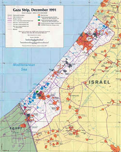 Detailed political map of Gaza Strip with roads and cities - 1991.