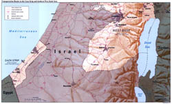 Large detailed transportation routes map of Gaza Strip and Southern West Bank Area with relief - 1994.