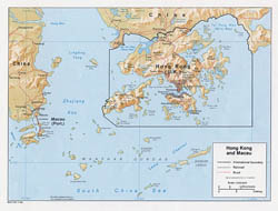 Detailed political map of Hong Kong with roads and relief - 1984.