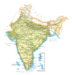 Detailed elevation map of India with roads, major cities and airports.