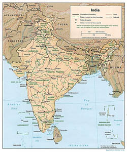 Detailed political and administrative map of India with relief - 1996.