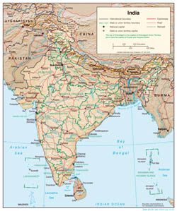 Large detailed political and administrative map of India with relief - 2001.