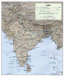 Large political and administrative map of India with relief - 2001.