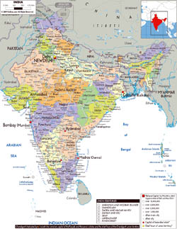 Large political and administrative map of India with roads, cities and airports.