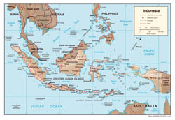 Large detailed political map of Indonesia with relief, roads and cities - 2002.